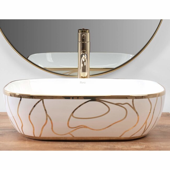 REA Rechthoekige opzetwastafel - glans wit - Wave Gold - 46.5 x 33 x 13.5 cm - keramiek