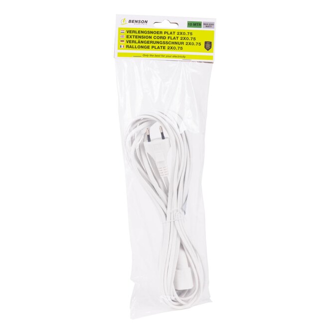 Benson Verlengsnoer - plat ontwerp - 10 meter - wit - niet geaard