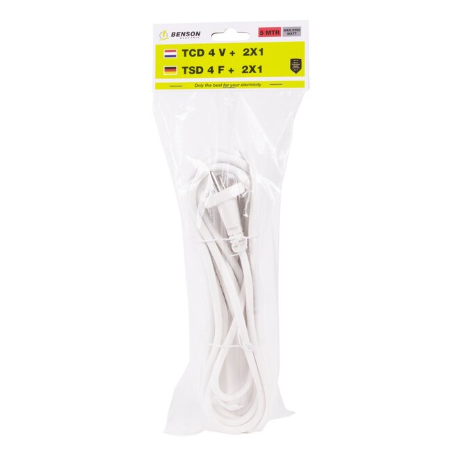 Benson Stekkerdoos - 4 aansluitpunten - 5 meter snoer - Wit - Binnengebruik