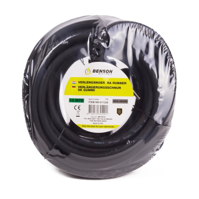 Benson Verlengsnoer rubber - 10 meter - spatwaterdicht - 3500 watt - 3-polig