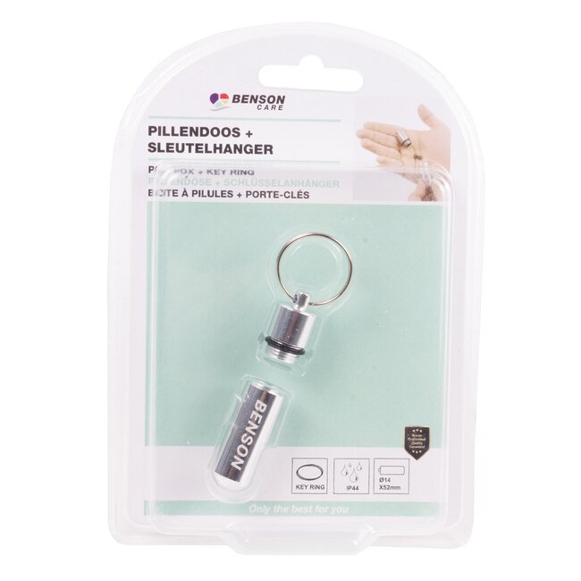 Benson Zilveren aluminium pillendoosje - waterdicht - met sleutelring - 52 x 14 mm