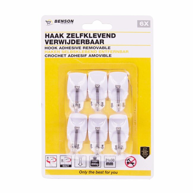 Benson Zelfklevende haken - verwijderbaar - 2.1 x 3 cm - wit - set van 6