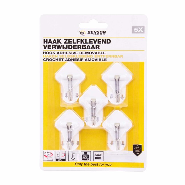 Benson Zelfklevende haken - Verwijderbaar - 3,3 x 3,3 cm - Wit - 5 stuks