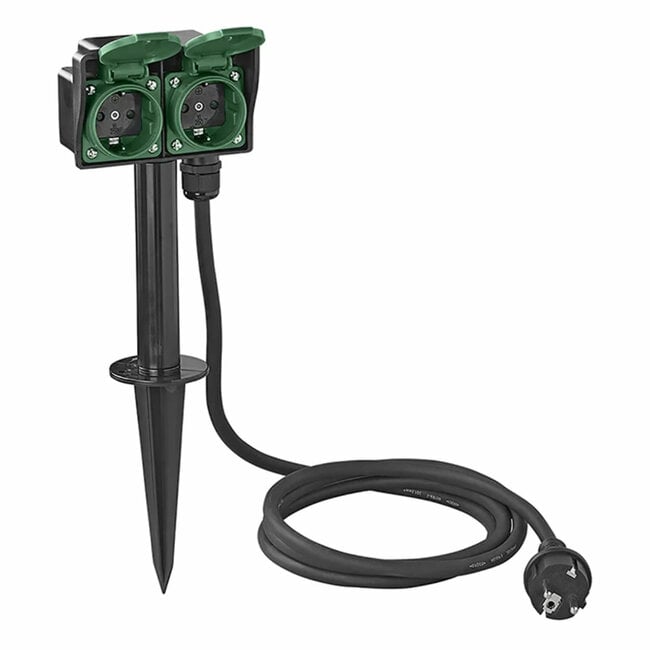 ProPlus Dubbele tuincontactdoos met aardspies - spatwaterdicht - 2 meter neopreenkabel