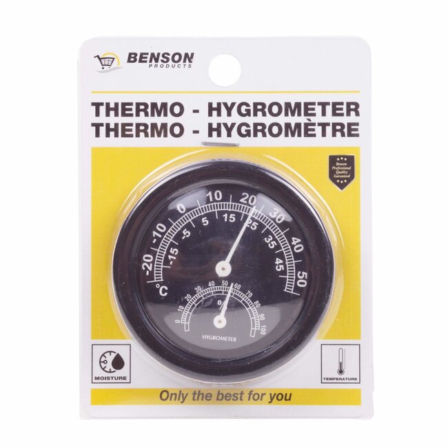 Benson Ronde analoge thermo- en hygrometer - Ø 75 mm - zwart - meetbereik -20°C tot 50°C en 0-100% luchtvochtigheid