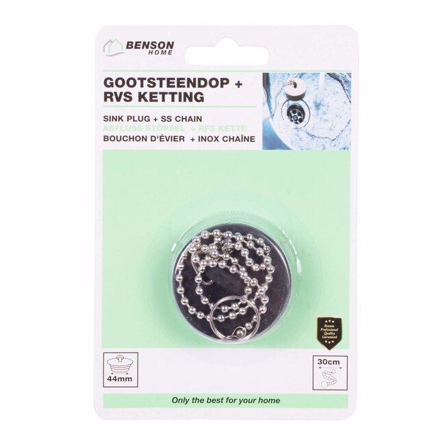 Benson Gootsteendop - Ø 44 mm - RVS ketting 30 cm - Duurzaam rubber