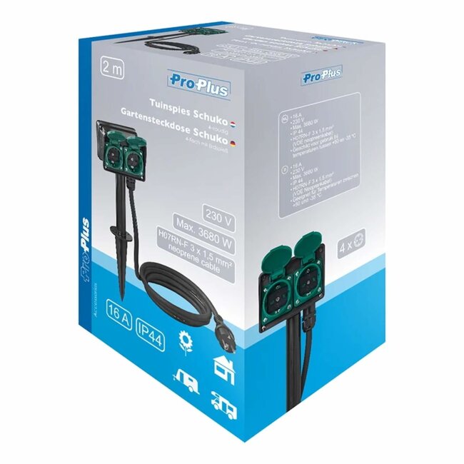 ProPlus Dubbele schuko tuincontactdoos - 4-voudig - 2 meter - weerbestendig kunststof