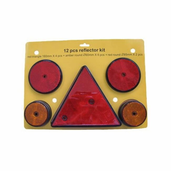 Dragon-Tools veiligheidsreflectorenset voor aanhanger - kunststof - rond en driehoek - 60/80 mm - rood en oranje - 12-delig