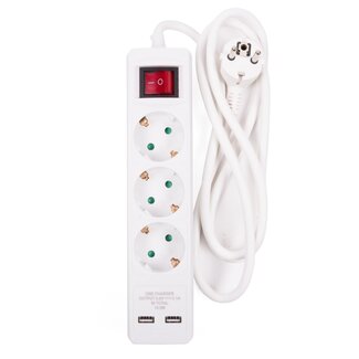 Benson Stekkerdoos met schakelaar - 3 meter kabel - 3-voudig - 2x USB - wit