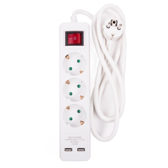 Benson Stekkerdoos met schakelaar - 3 meter kabel - 3-voudig - 2x USB - wit