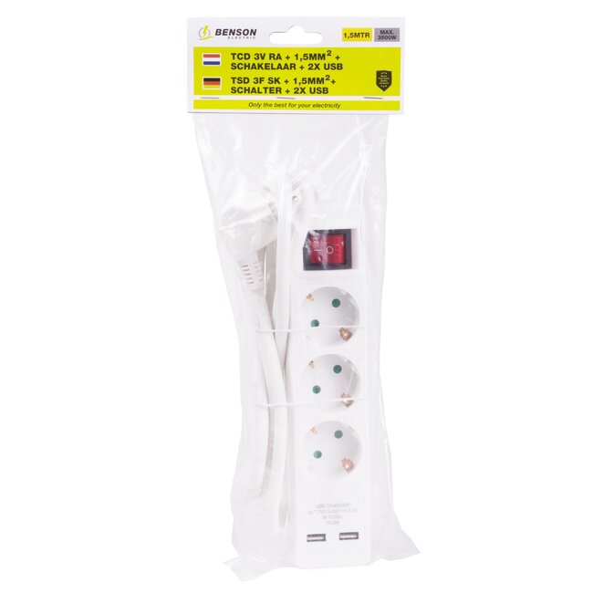 Benson Stekkerdoos met schakelaar - 3 meter kabel - 3-voudig - 2x USB - wit