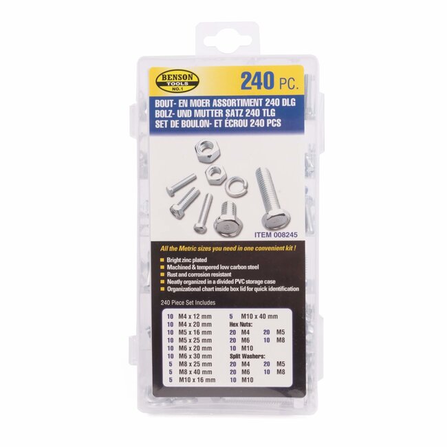 Benson Assortimentbox - bouten, moeren en veerringen - verzinkt - 240-delig - diverse maten