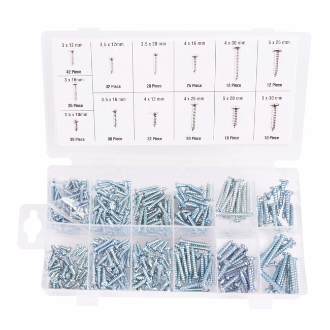 Benson Assortimentsdoos parkerschroeven - verzinkt - 13 maten - 350 stuks - scherpe schroefdraad
