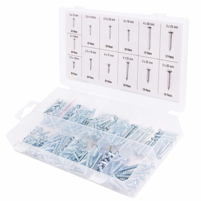 Benson Assortimentsdoos parkerschroeven - verzinkt - 13 maten - 350 stuks - scherpe schroefdraad