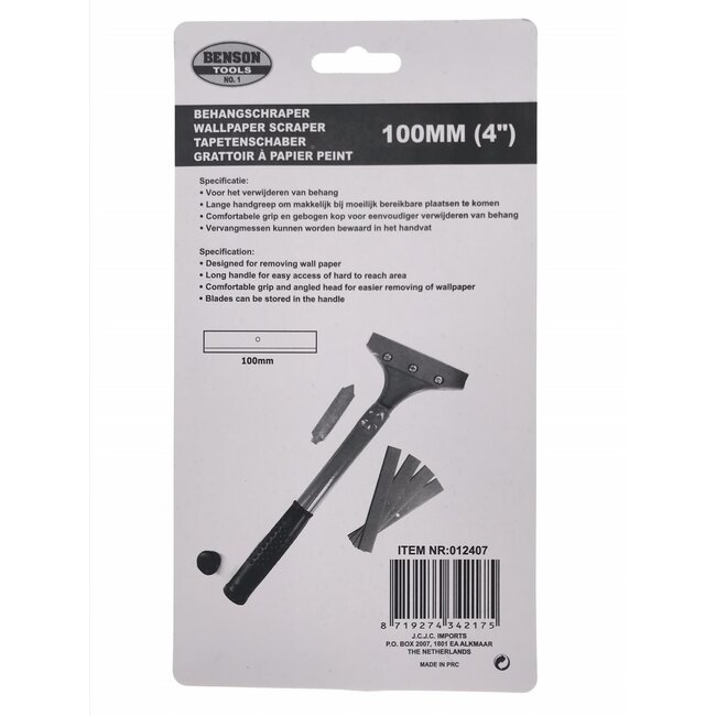 Benson Behangschraper - Inclusief 5 messen - 100 mm - Rood - Lange handgreep