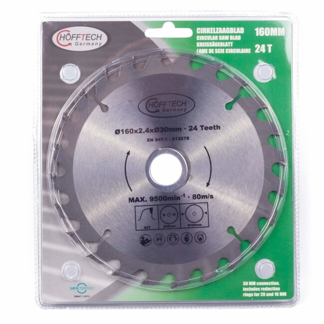 Hofftech Zaagblad cirkelzaag - Ø 160 mm - 24 tanden - Inclusief verloopringen - Hard metaal