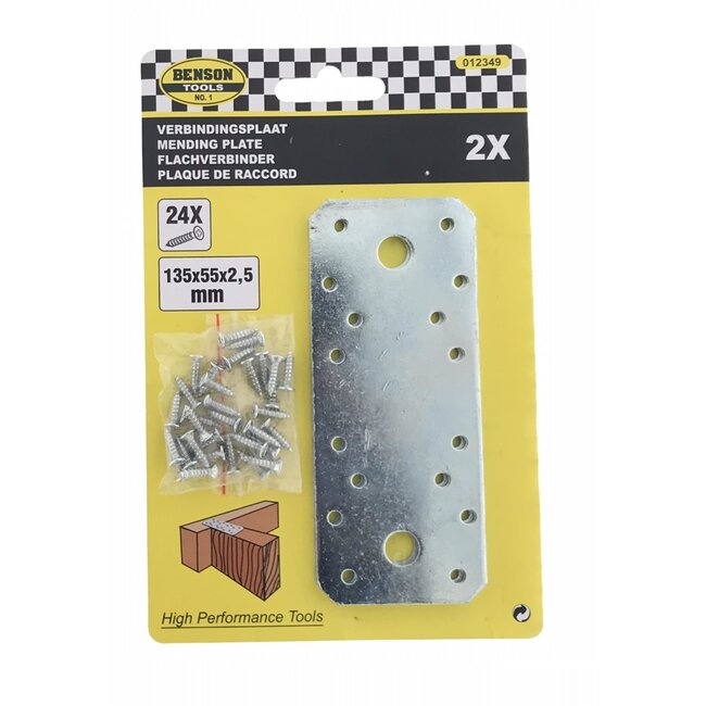 Benson Verbindingsplaat - IJzer - Verzinkt - Inclusief Schroeven - 135 x 55 mm - 2 stuks