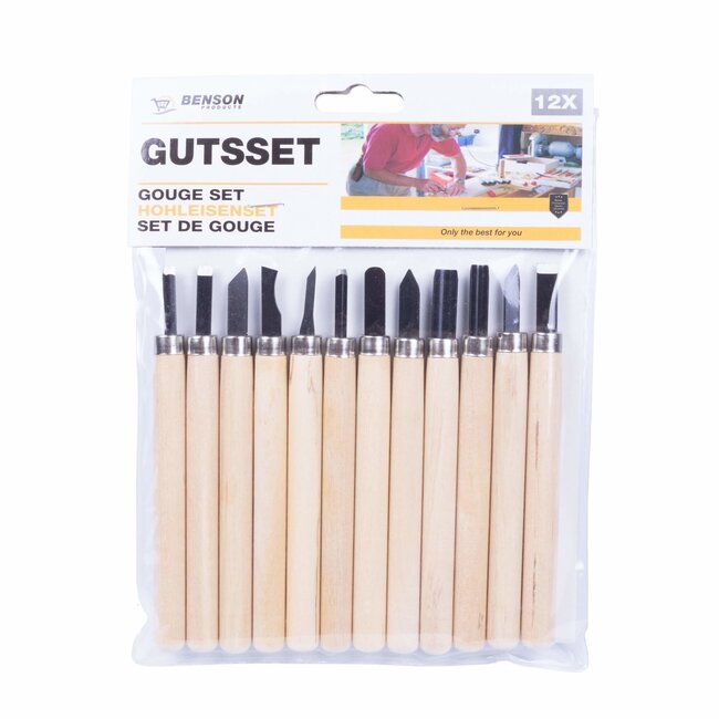 Benson 12-delige gutsset voor houtbewerking - geslepen lemmet - houten handvatten - creatief snijden
