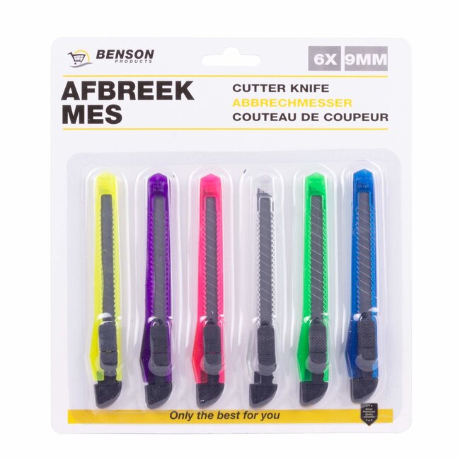Benson Set van 6 afbreekmessen - 9 mm - ergonomisch - kleurrijk design