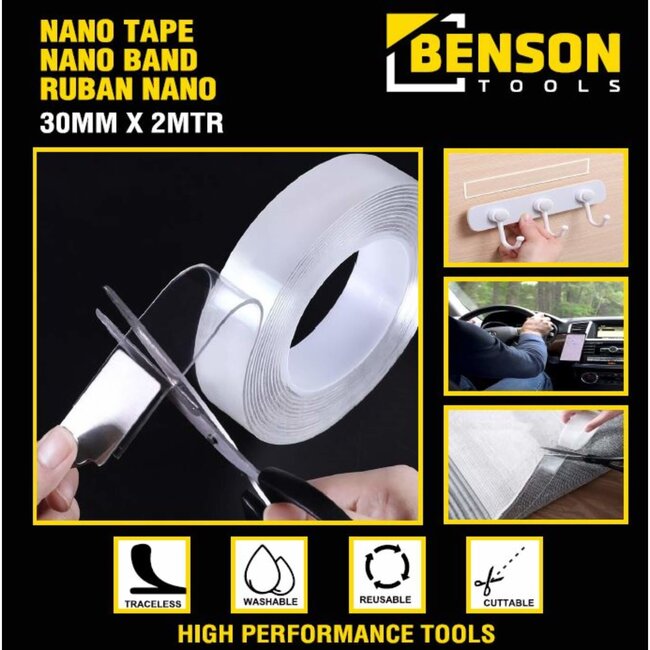 Benson Sterke dubbelzijdige nano tape - 30 mm x 2 m - herbruikbaar en afwasbaar