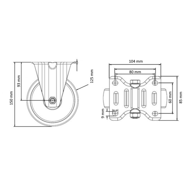 Tarsus Bokwiel 125 mm - Slijtvast Rubber - 150 kg Draagvermogen - Blauw