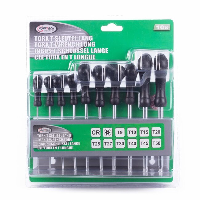 Hofftech T-Greep Torxsleutel Set - 10-delig - Inclusief Opbergrek - T9 t/m T50 - Chroom-vanadiumstaal