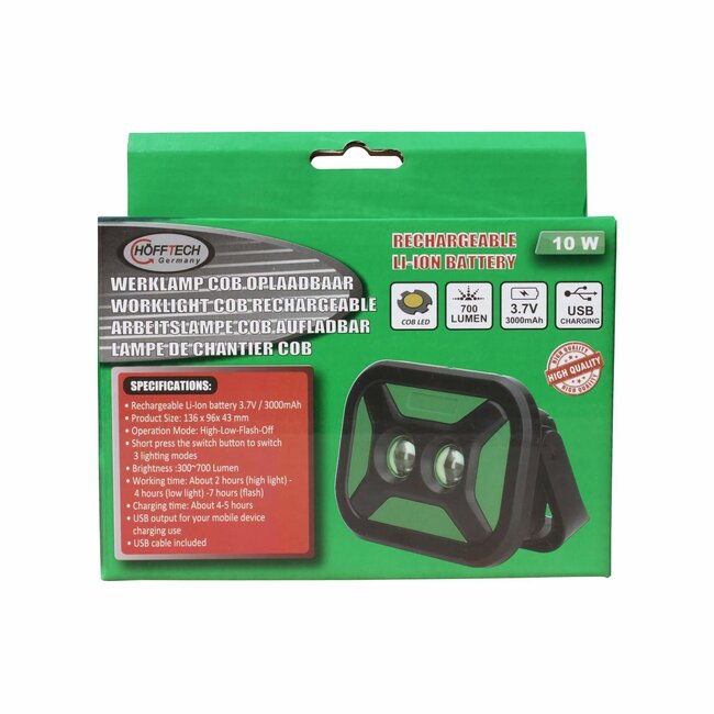 Hofftech Krachtige oplaadbare bouwlamp - 10W - IPX5 - met magneethandvat - 16 x 10 x 4,5 cm