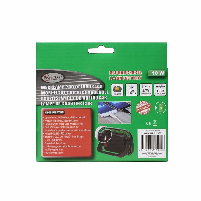 Hofftech Krachtige oplaadbare bouwlamp - 10W - IPX5 - met magneethandvat - 16 x 10 x 4,5 cm