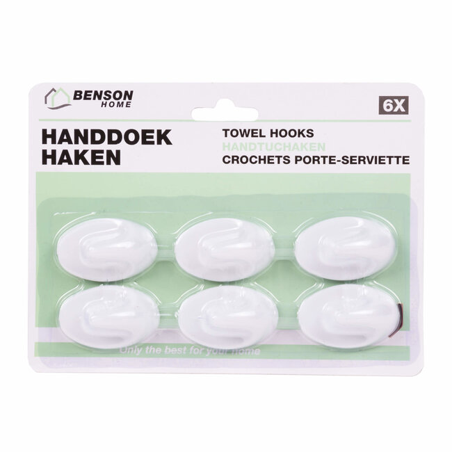 Benson Zelfklevende handdoekhaken - wit - ovaal - 6 stuks