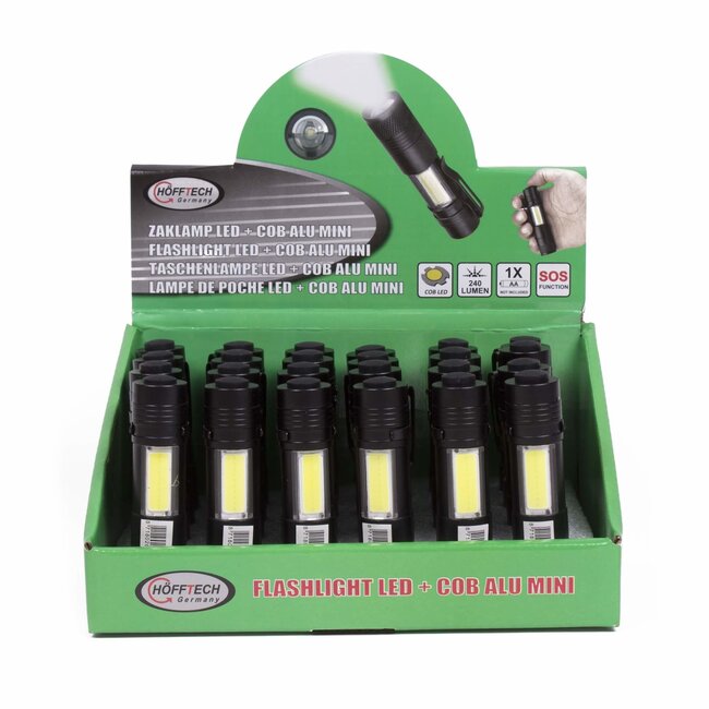 Hofftech Mini zaklamp met clip - LED + COB - 240 lumen - zwart - 92 mm