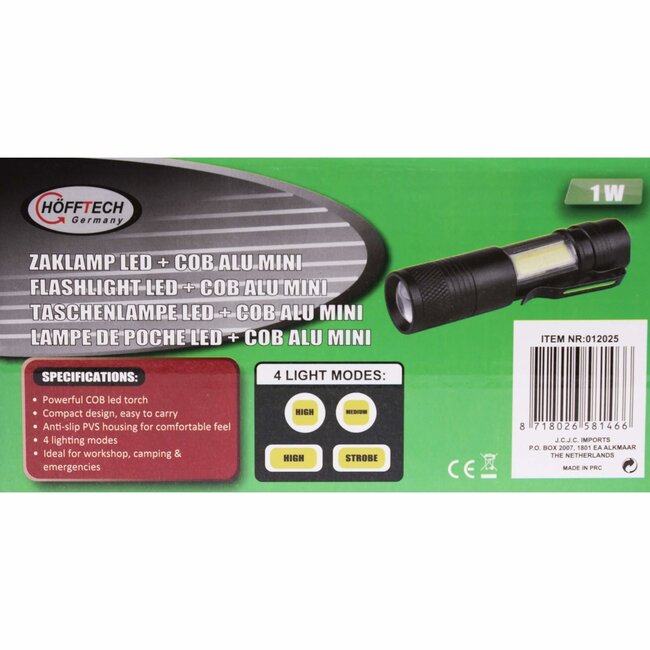 Hofftech Mini zaklamp met clip - LED + COB - 240 lumen - zwart - 92 mm