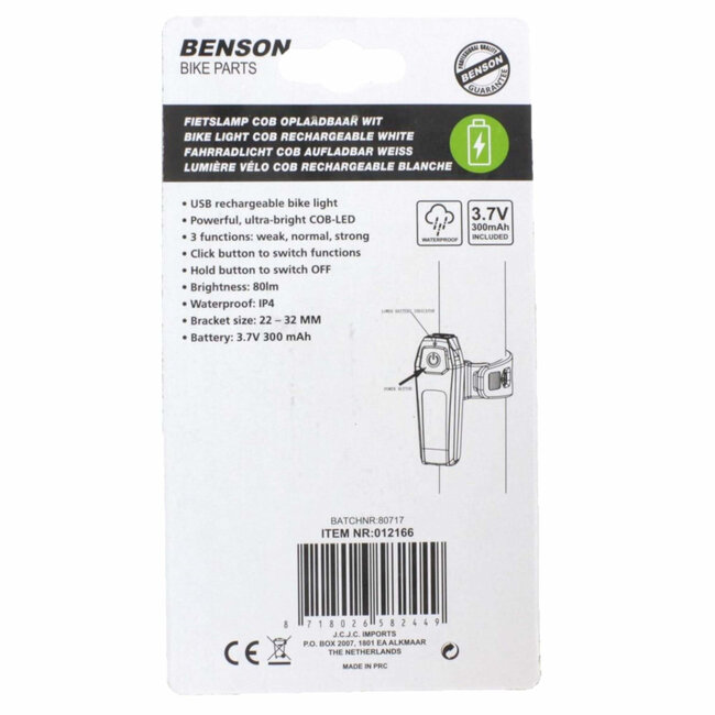 Benson Fietslamp - USB oplaadbaar - COB LED - 80 lumen - Wit