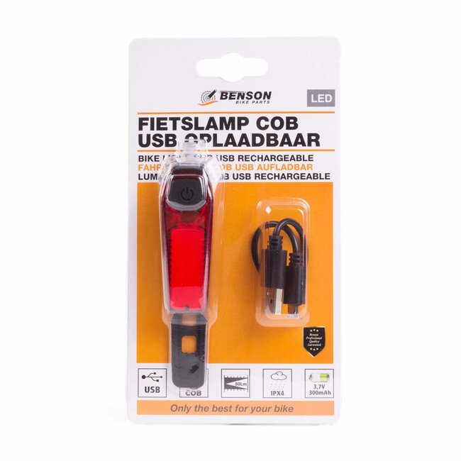 Benson Fietslamp met USB-oplader - COB LED - Rood - 80 Lumen - Waterdicht