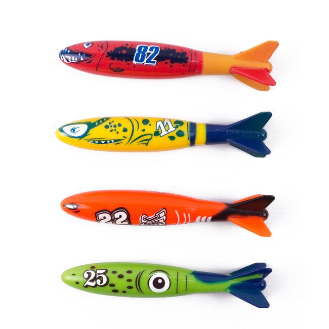 Benson Duikspeelgoed torpedo's - set van 4 - felle kleuren - kunststof - 13 cm