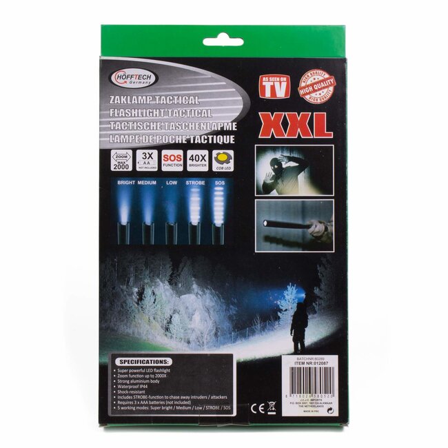 Hofftech Tactical zaklamp XXL - 5 lichtstanden - XPG LED - waterdicht - zwart