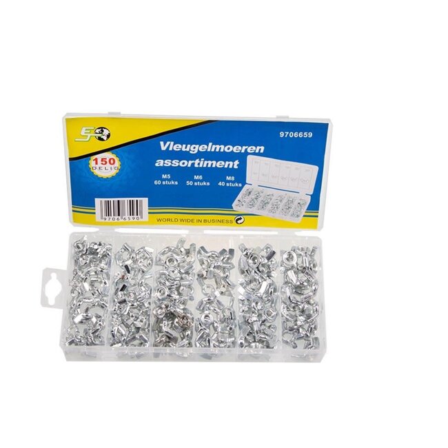 Topgear Vleugelmoer Assortimentbox - Handvastdraaibaar - Roestbestendig - 150 stuks