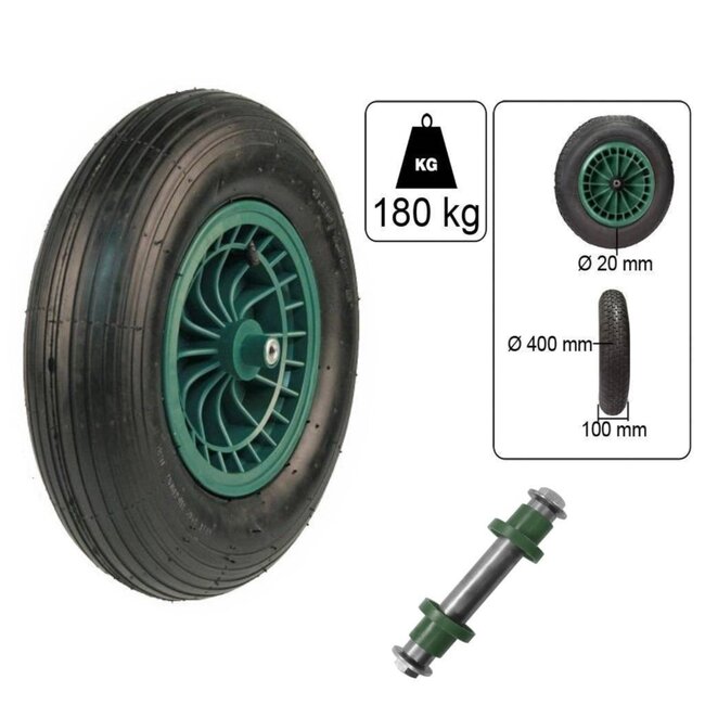 Benson Complete set kruiwagenwiel met as - luchtband - 400 mm - groen kunststof velg - 180 kg draagkracht