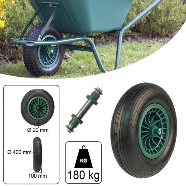 Benson Complete set kruiwagenwiel met as - luchtband - 400 mm - groen kunststof velg - 180 kg draagkracht