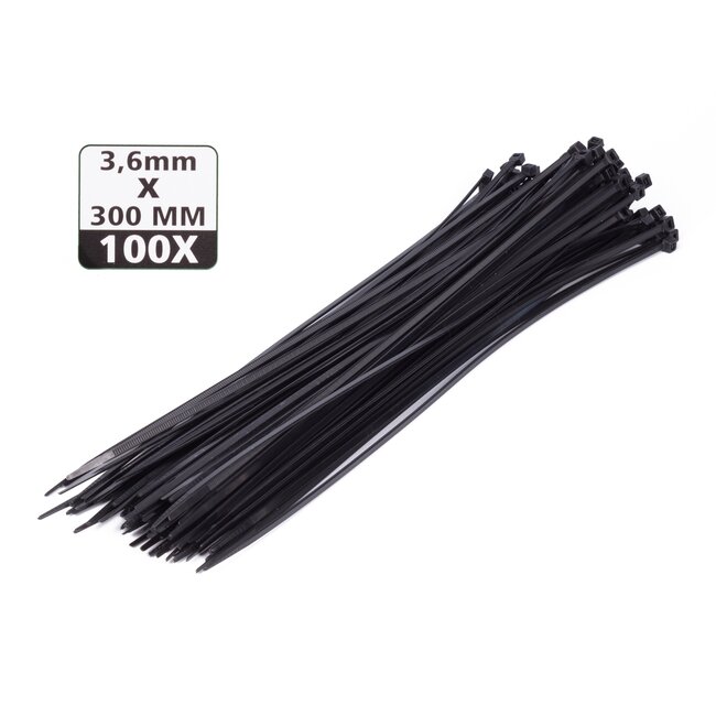 Hofftech Zwarte tie ribs - 3.6 x 300 mm - 100 stuks - UV-bestendig - Duurzaam nylon