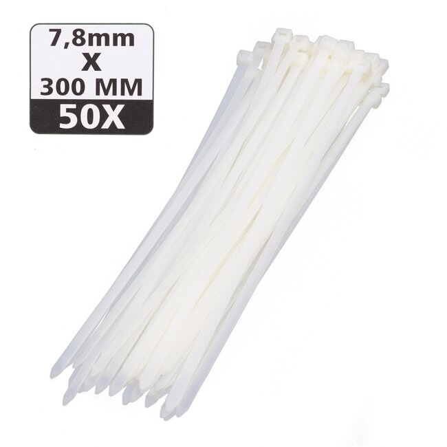 Hofftech Witte nylon kabelbinders - UV-bestendig - 300 mm x 7.8 mm - 50 stuks