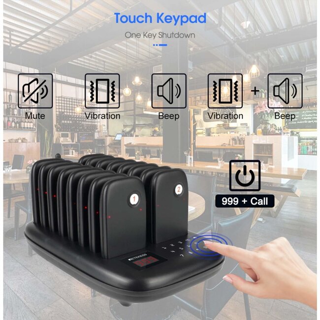 Retekess Horeca oproepsysteem - kunststof - draadloos en spatwaterdicht - 23,4 x 14,3 x 3,1 cm - zwart - 16 ontvangers