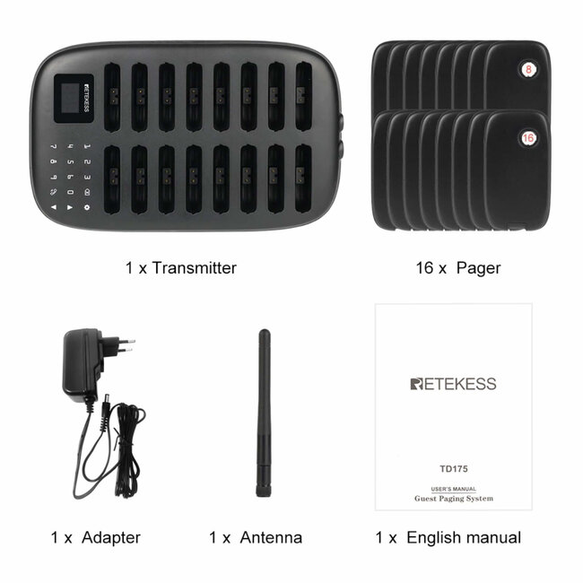 Retekess Horeca oproepsysteem - kunststof - draadloos en spatwaterdicht - 23,4 x 14,3 x 3,1 cm - zwart - 16 ontvangers