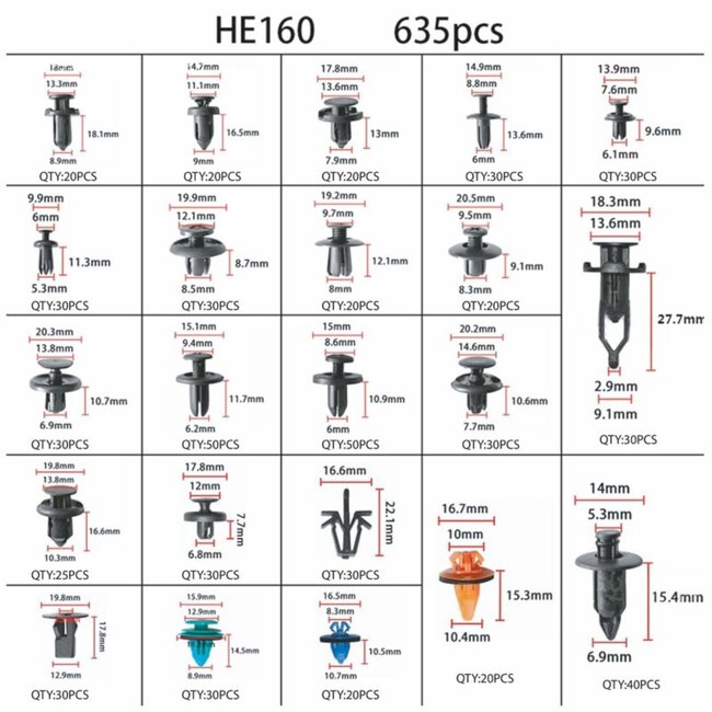 Topgear Assortimentsbox met 635 interieurclips - 18 maten en soorten - Handige vakjes