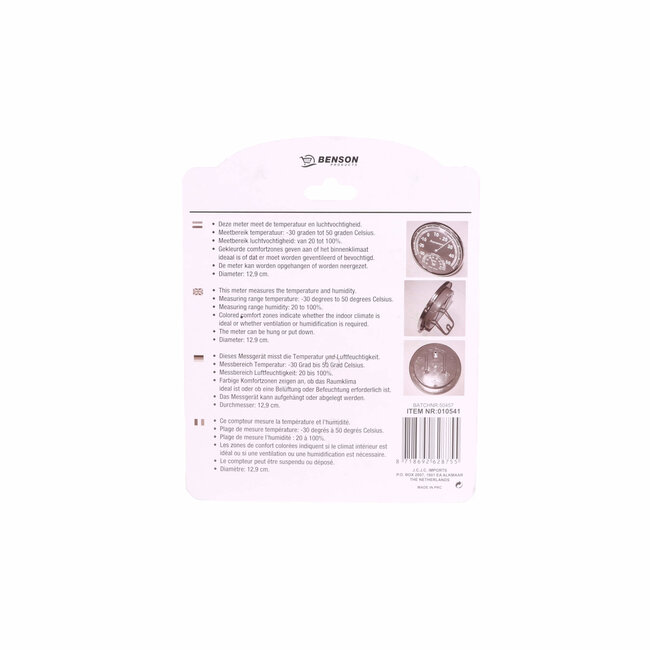 Benson Analoge wandthermometer en hygrometer - comfortzones - wit - 12,9 cm