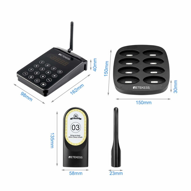 Retekess gastenoproepsysteem horeca - kunststof - draadloos, IP32 - ontvanger 13,5 x 5,8 x 2,3 cm - zwart - 8 ontvangers