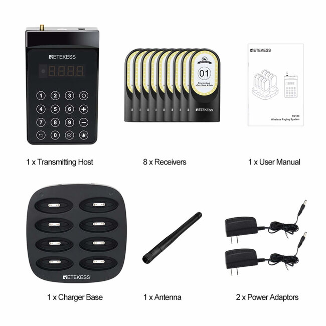 Retekess gastenoproepsysteem horeca - kunststof - draadloos, IP32 - ontvanger 13,5 x 5,8 x 2,3 cm - zwart - 8 ontvangers