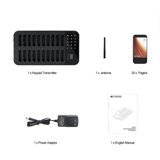 Retekess Horeca oproepsysteem – kunststof – draadloos 500 m – basis 28,5x15,5x3,2 cm – zwart – 20 ontvangers – IP32