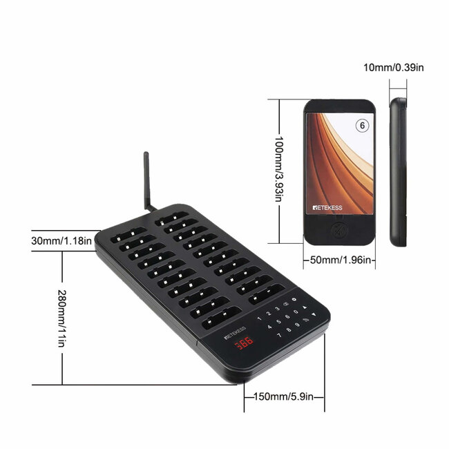 Retekess Horeca oproepsysteem – kunststof – draadloos 500 m – basis 28,5x15,5x3,2 cm – zwart – 20 ontvangers – IP32