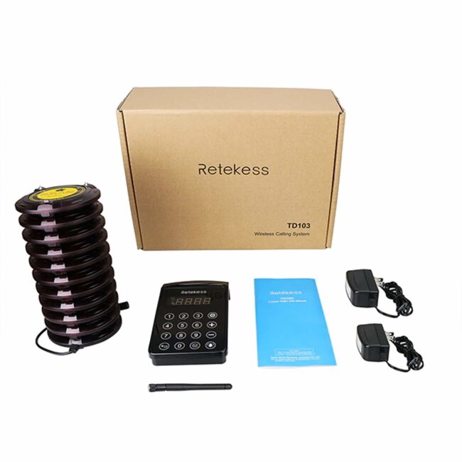 Retekess Gastenoproepsysteem - kunststof - 800 m bereik, IP54 - schijven 10,5x10,5x1,8 cm - zwart - 10 ontvangers - horeca