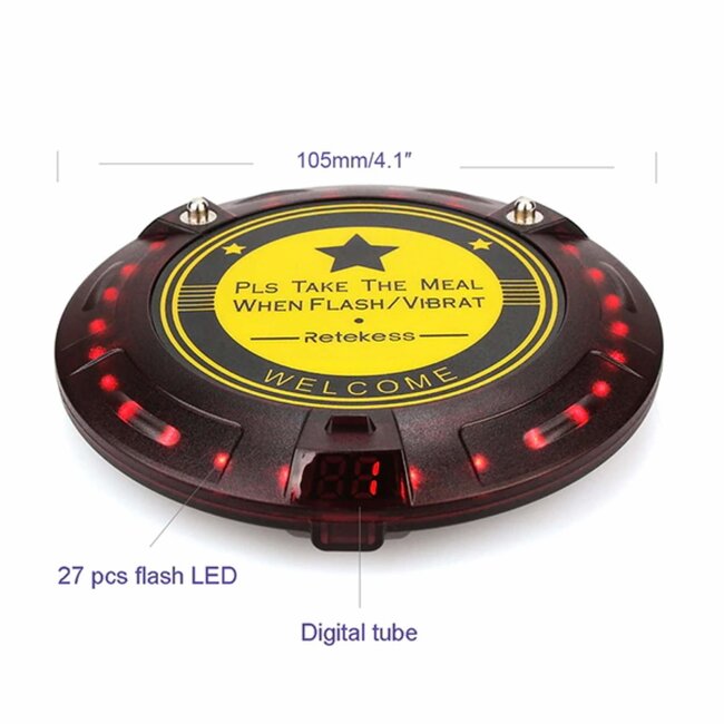 Retekess Gastenoproepsysteem - kunststof - 800 m bereik, IP54 - schijven 10,5x10,5x1,8 cm - zwart - 10 ontvangers - horeca